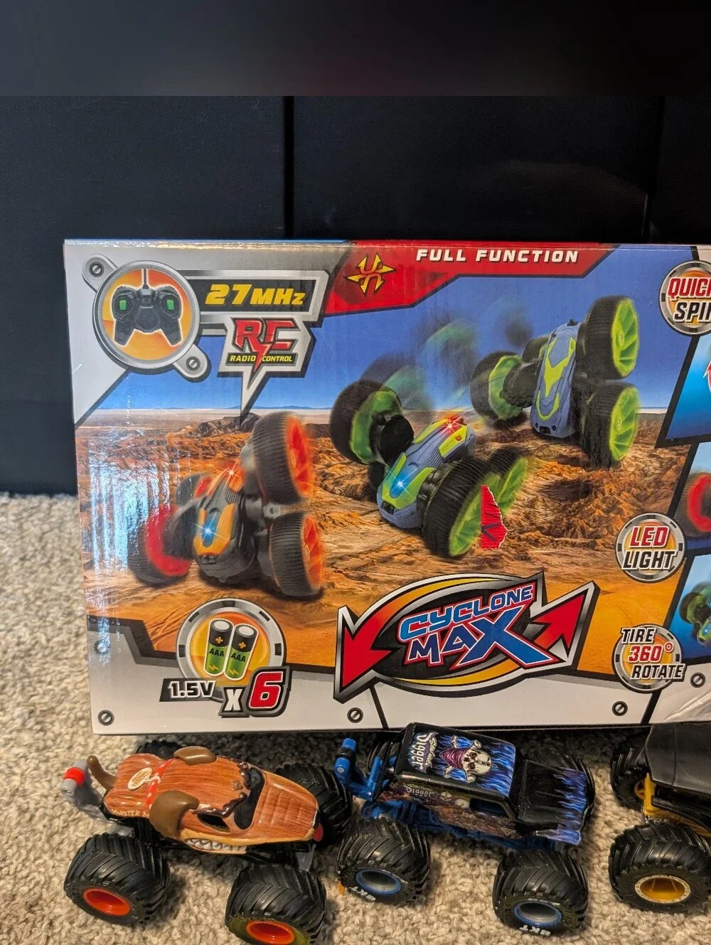NWT Cyclone Max Remote Control Stunt Truck & 3 Small Monster Trucks.